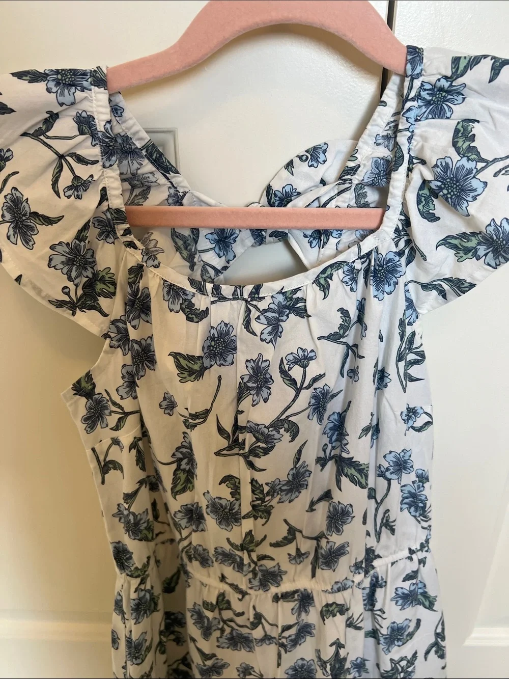 Crewcuts White Dress with Blue Floral Print and Ruffle Sleeves